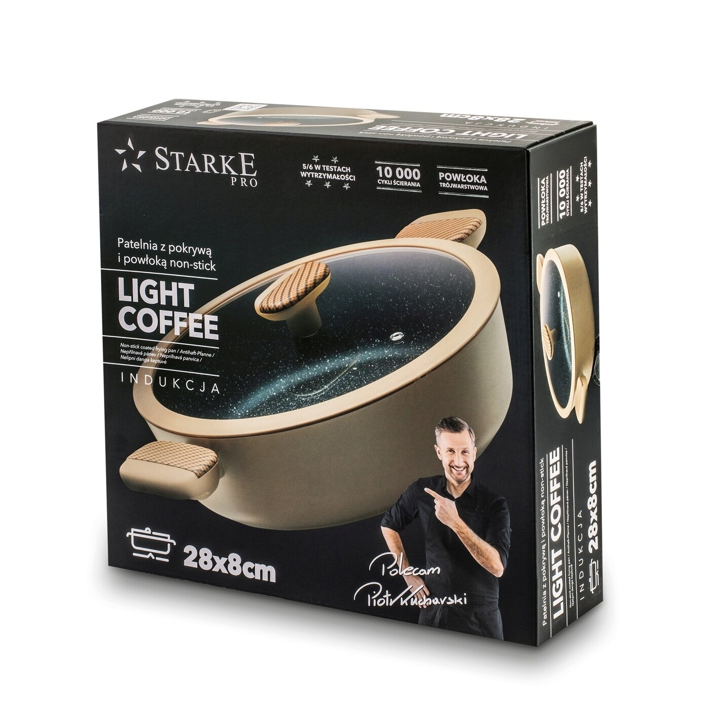Opakowanie produktu z napisem \'Starke Pro\' oraz \'Patelnia z pokrywą i powłoką non-stick LIGHT COFFEE INDUKCJA\'. Widoczny jest również wizerunek osoby oraz napis \'Polecam Piotr Kucharski\'.