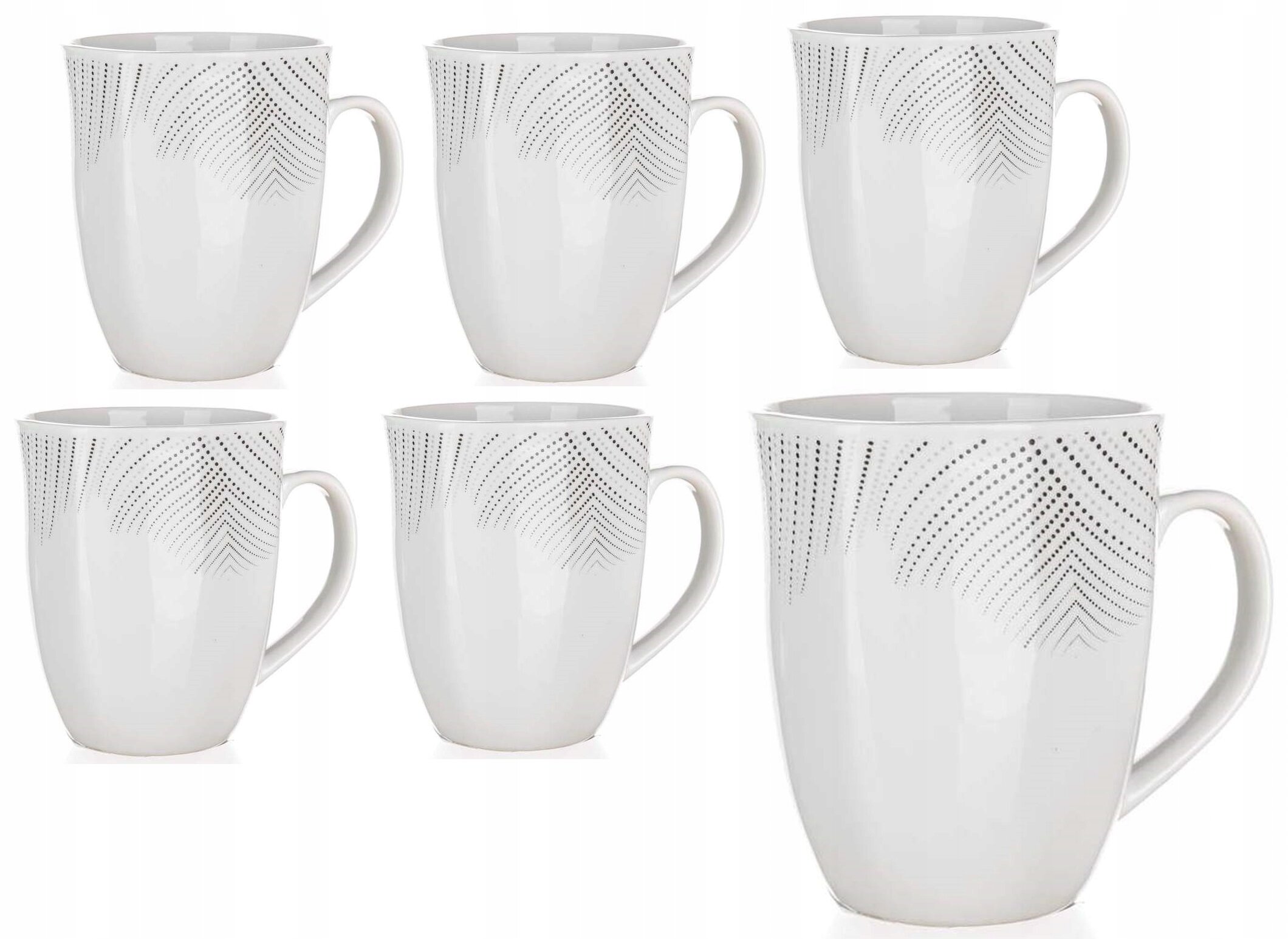 Na obrazie widoczne jest sześć białych porcelanowych kubków z delikatnym wzorem złożonym z małych kropek na górnej części. Kubki mają klasyczny kształt z uchwytami po jednej stronie.