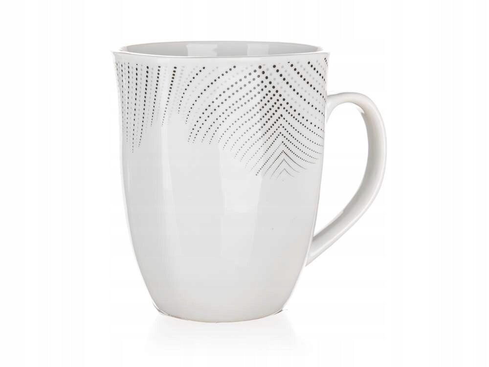 Biały porcelanowy kubek z delikatnym wzorem złożonym z małych kropek układających się w kształt liścia. Kubek ma klasyczny kształt z wygodnym uchwytem.