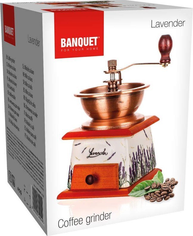 Opakowanie młynka ręcznego do kawy z motywem lawendy, z widocznym logo \'BANQUET for your home\' oraz napisem \'Lavender\'. Na dole opakowania znajduje się napis \'Coffee grinder\'.