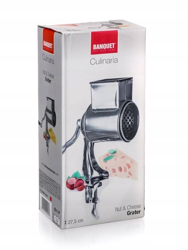 Opakowanie produktu z logo \'BANQUET\' i napisem \'Culinaria\'. Widoczny jest metalowy młynek do sera i orzechów oraz ilustracja sera i orzechów.