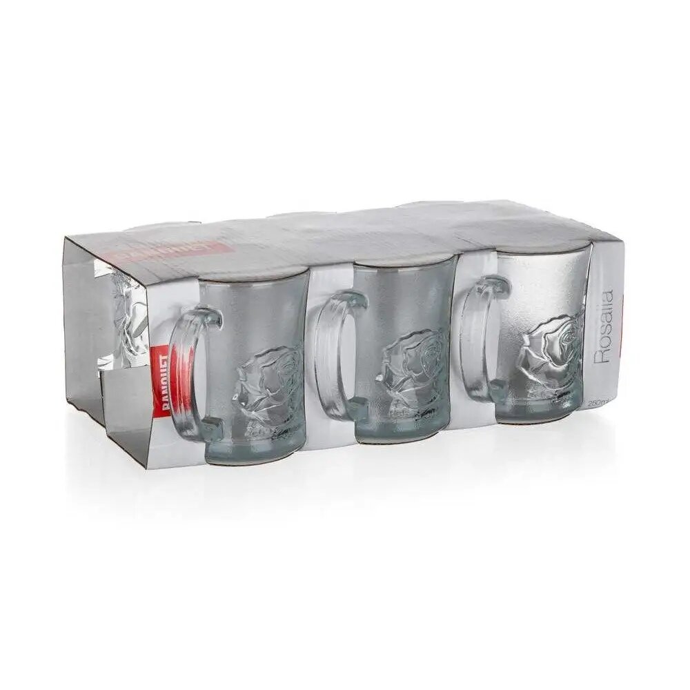 Zestaw sześciu szklanek o pojemności 250 ml z motywem kwiatów, zapakowany w przezroczyste opakowanie. Na opakowaniu widoczne są napisy \'Rosaria\' i \'Luminarc\'.