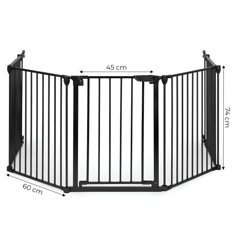 Czarna barierka zabezpieczająca z metalowymi prętami, o wymiarach 45 cm szerokości i 74 cm wysokości, z dodatkowym segmentem o szerokości 60 cm.