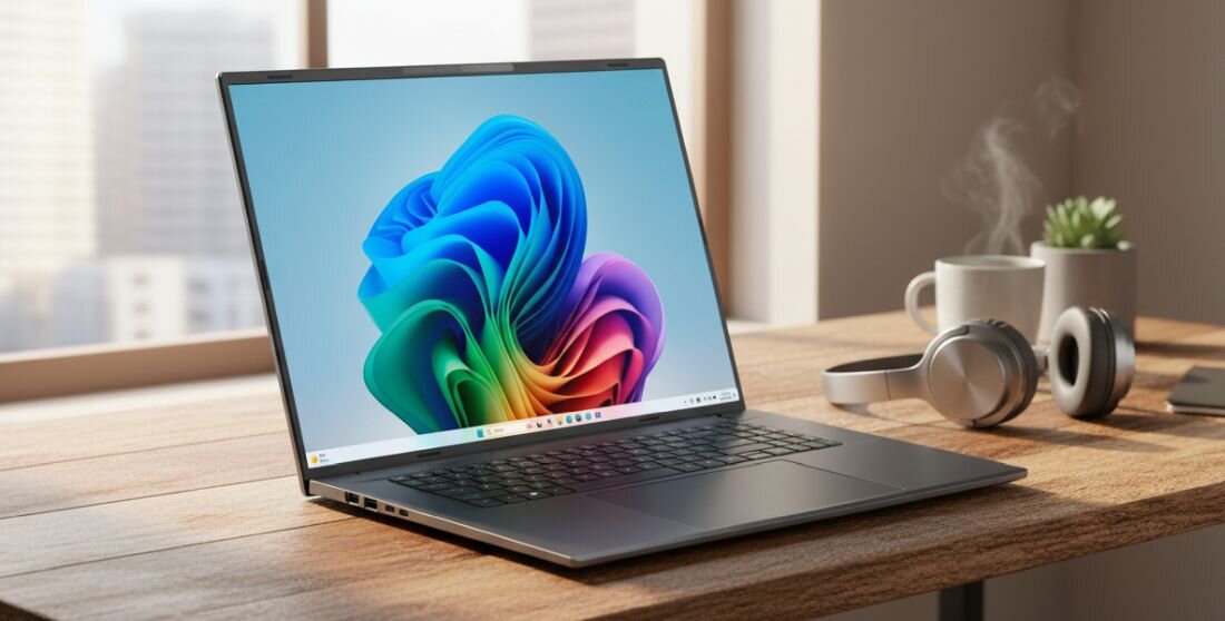 Na drewnianym biurku stoi otwarty laptop z kolorową grafiką na ekranie. Obok znajdują się słuchawki, kubek i mała roślina.