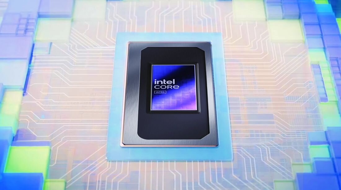 Obraz przedstawia procesor z widocznym logo \'intel CORE\'. Procesor jest umieszczony na tle schematu obwodów elektronicznych.