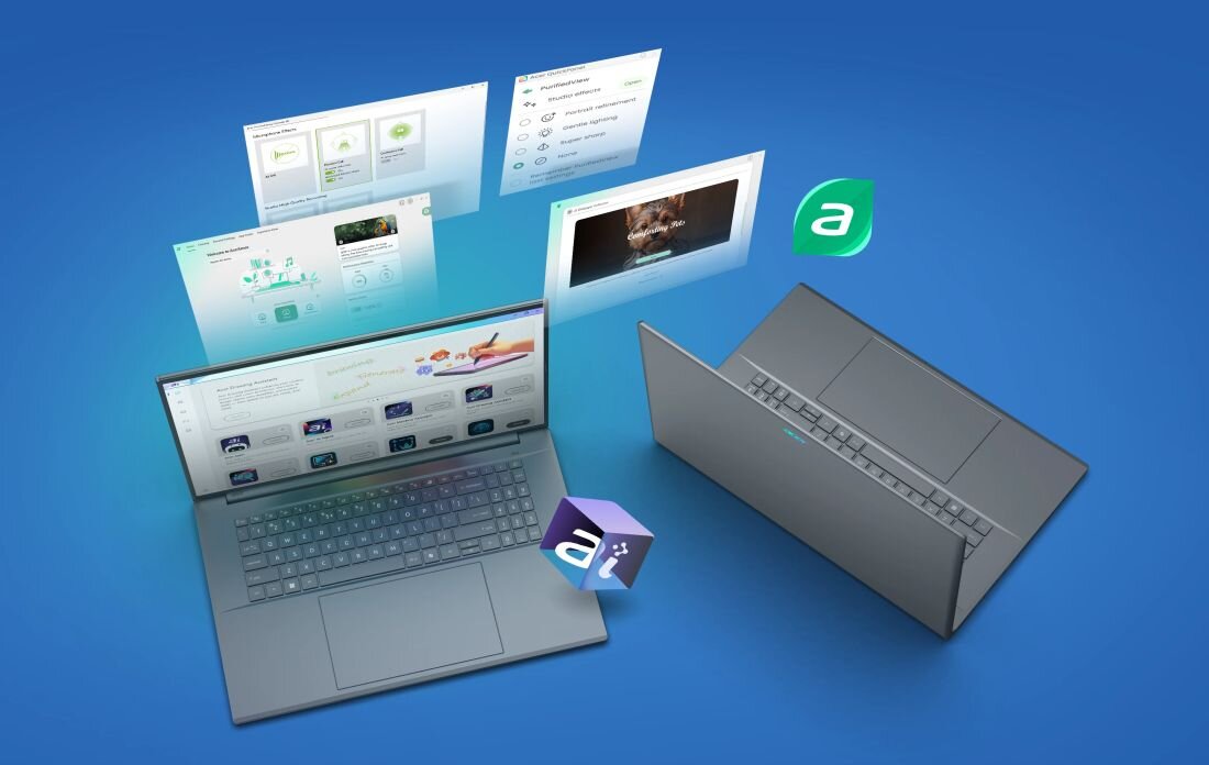 Dwa laptopy na niebieskim tle, jeden otwarty z widocznym ekranem, drugi zamknięty. Wokół unoszą się ikony i okna aplikacji, w tym logo z literą \'a\'.