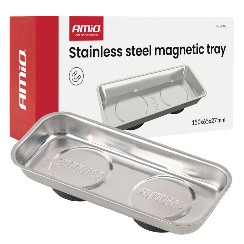 Na obrazie widoczna jest stalowa, podłużna miska magnetyczna z logo AMiO, umieszczona przed opakowaniem z napisem \'Stainless steel magnetic tray\'.