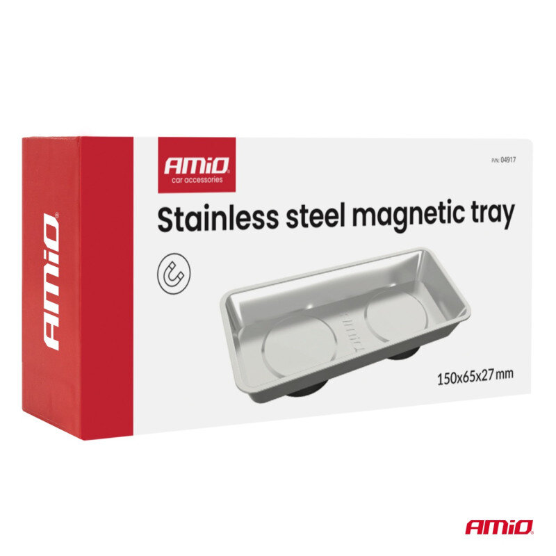 Opakowanie produktu z logo AMiO, przedstawiające stalową magnetyczną tacę. Widoczny tekst: \'Stainless steel magnetic tray\' oraz wymiary \'150x65x27 mm\'.