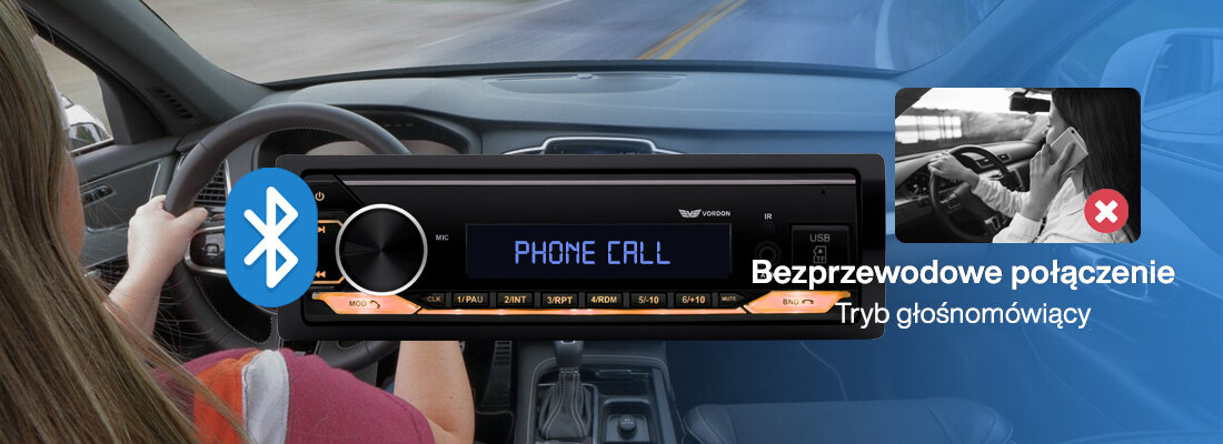 Obraz przedstawia radio samochodowe z wyświetlaczem pokazującym tekst \'PHONE CALL\'. Obok znajduje się napis \'Bezprzewodowe połączenie Tryb głośnomówiący\' oraz ikona Bluetooth.