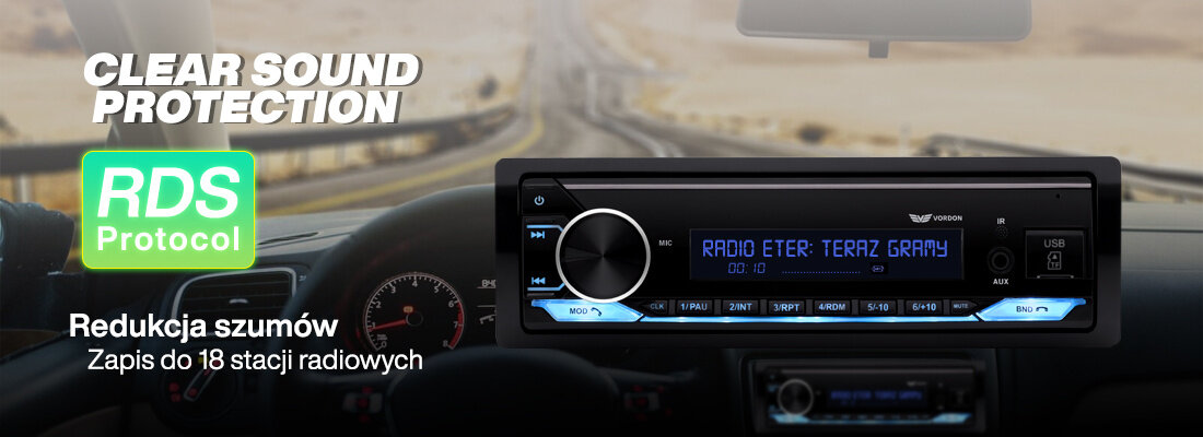 Obraz przedstawia radio samochodowe z wyświetlaczem pokazującym tekst \'RADIO ETER: TERAZ GRAMY\'. Obok radia widoczny jest tekst \'CLEAR SOUND PROTECTION\', \'RDS Protocol\', \'Redukcja szumów\', \'Zapis do 18 stacji radiowych\'.