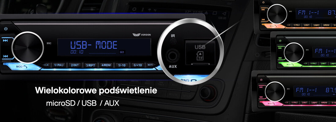 Obraz przedstawia radio samochodowe z wyświetlaczem pokazującym \'USB-MODE\' oraz różnokolorowe podświetlenie. Widoczny jest tekst: \'Wielokolorowe podświetlenie microSD / USB / AUX\'.