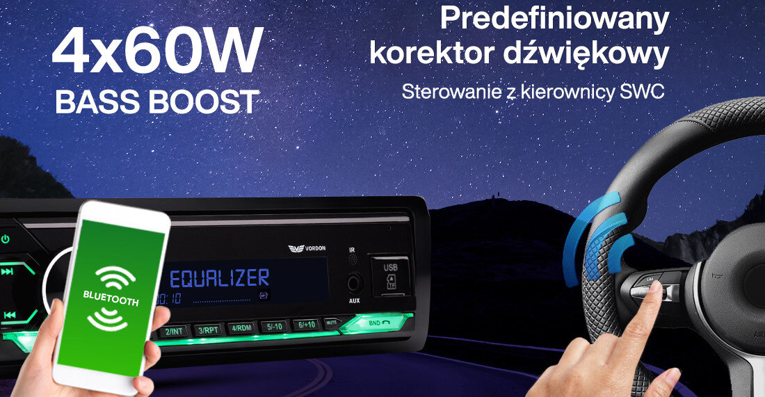 Obraz przedstawia radio samochodowe z wyświetlaczem pokazującym napis \'EQUALIZER\' oraz telefon z ikoną Bluetooth. Widoczny jest tekst: \'4x60W BASS BOOST\', \'Predefiniowany korektor dźwiękowy\', \'Sterowanie z kierownicy SWC\'.