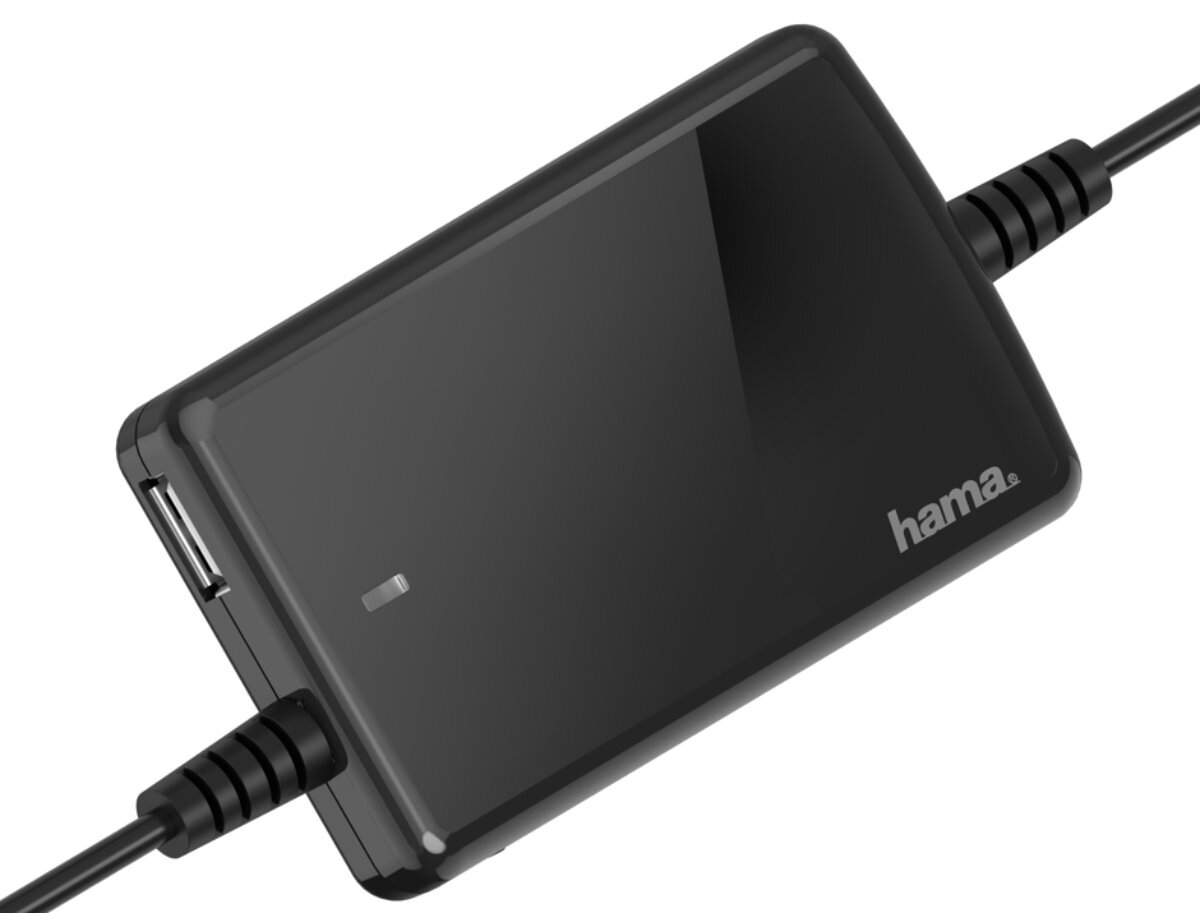 Czarny zasilacz do laptopa z logo \'hama\' na obudowie, posiadający dwa przewody wychodzące z obu stron.