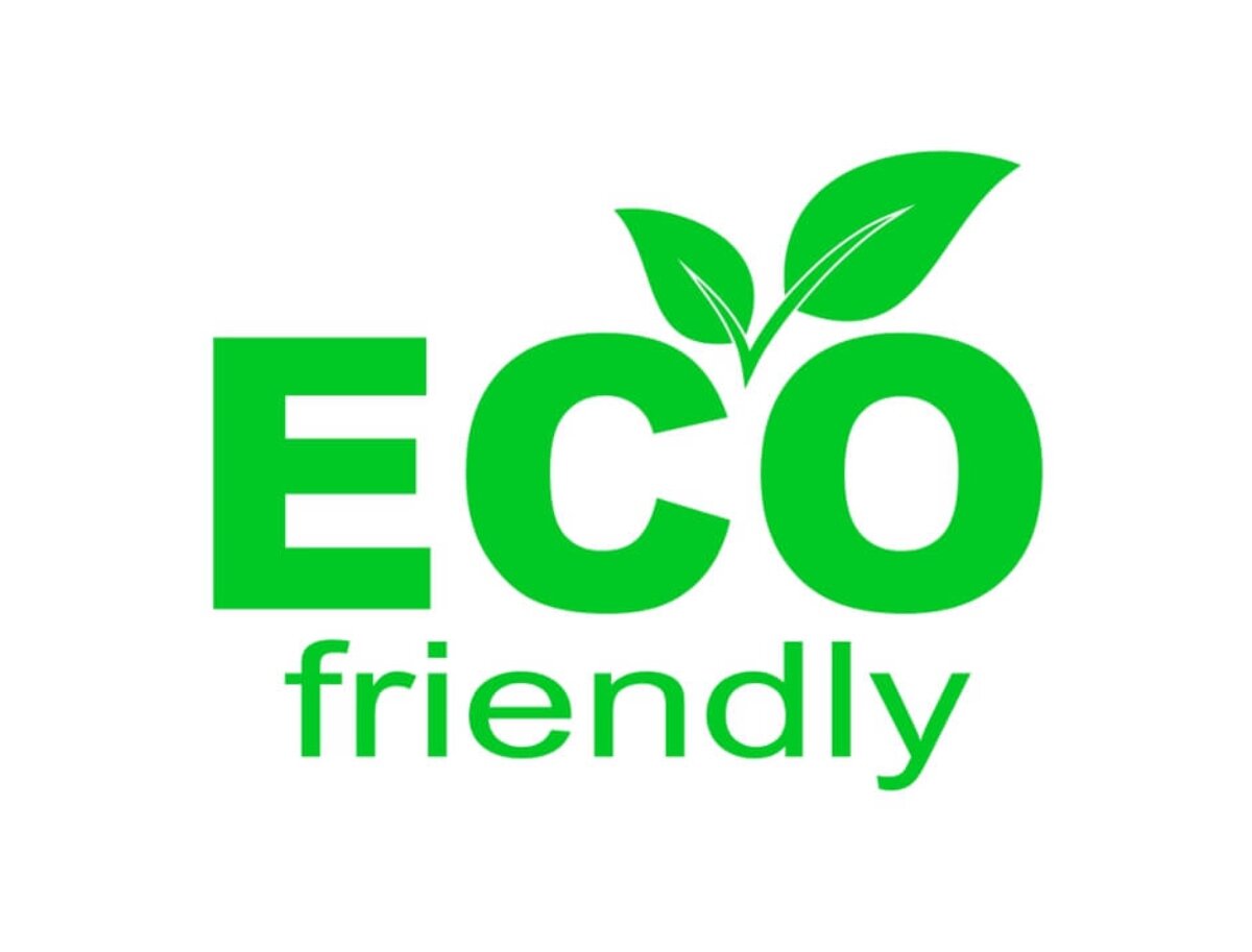 Grafika przedstawia napis \'ECO friendly\' w zielonym kolorze, z dwoma liśćmi nad literą \'C\'.