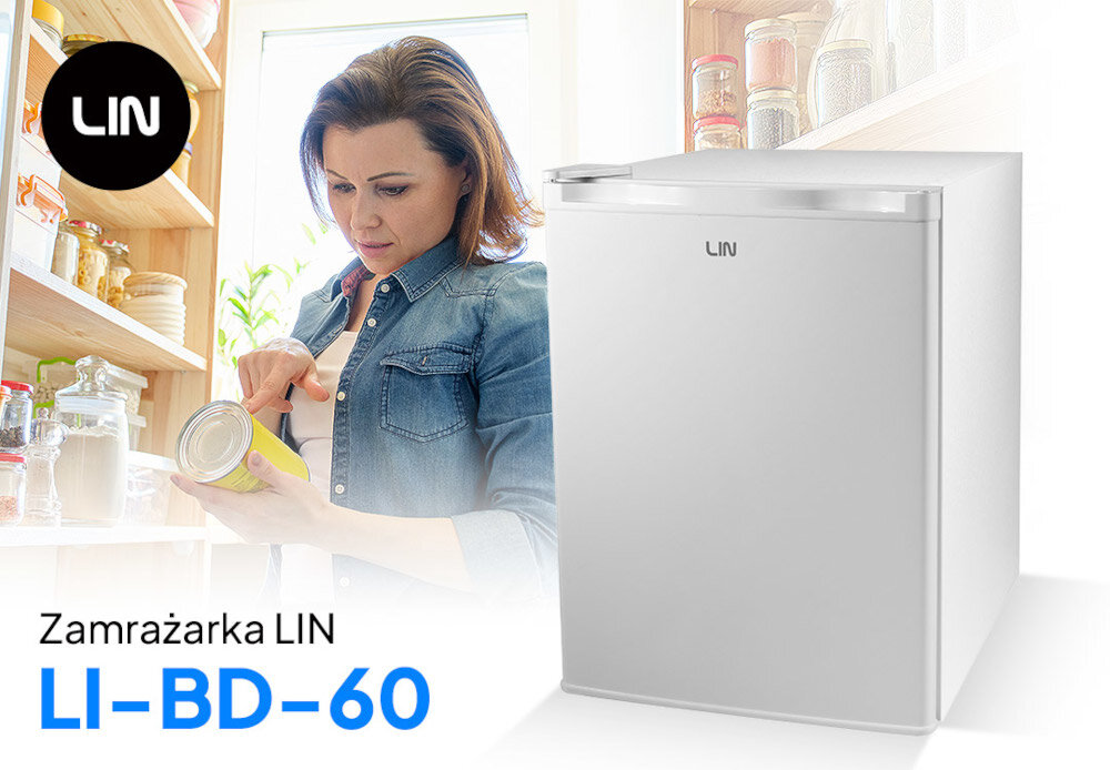 Obraz przedstawia białą zamrażarkę z logo LIN oraz kobietę trzymającą puszkę w kuchni. Widoczny jest tekst: \'Zamrażarka LIN LI-BD-60\'.