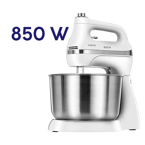 Biały mikser z misą ze stali nierdzewnej, z widocznym napisem \'850 W\'.