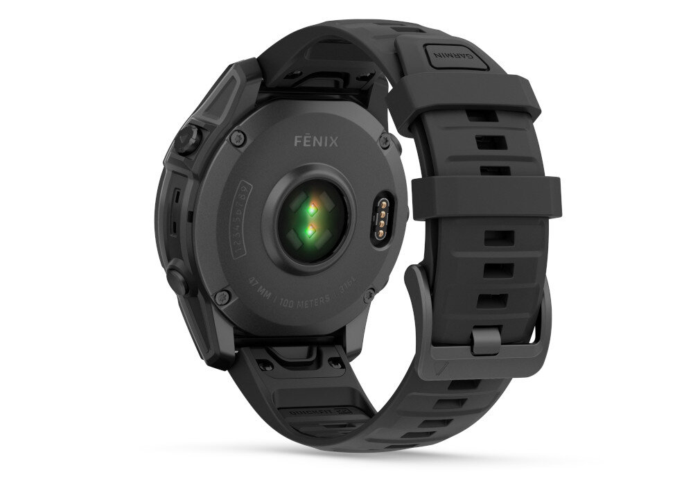 Zegarek sportowy z czarno-szarym paskiem, widoczny od tyłu z napisem \'FENIX\' na kopercie. Na spodzie zegarka znajduje się zielone światło oraz oznaczenie \'47 MM 100 METERS\'.