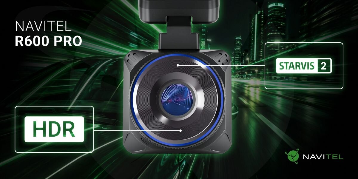 NAVITEL R600 PRO NAVITEL R600 PRO rozdzielczości 2.7K Sony STARVIS 2 HDR Night Vision Pro Wi-Fi 5 GHz sterowanie głosowe w języku polskim - Front rejestratora jazdy z dużym obiektywem