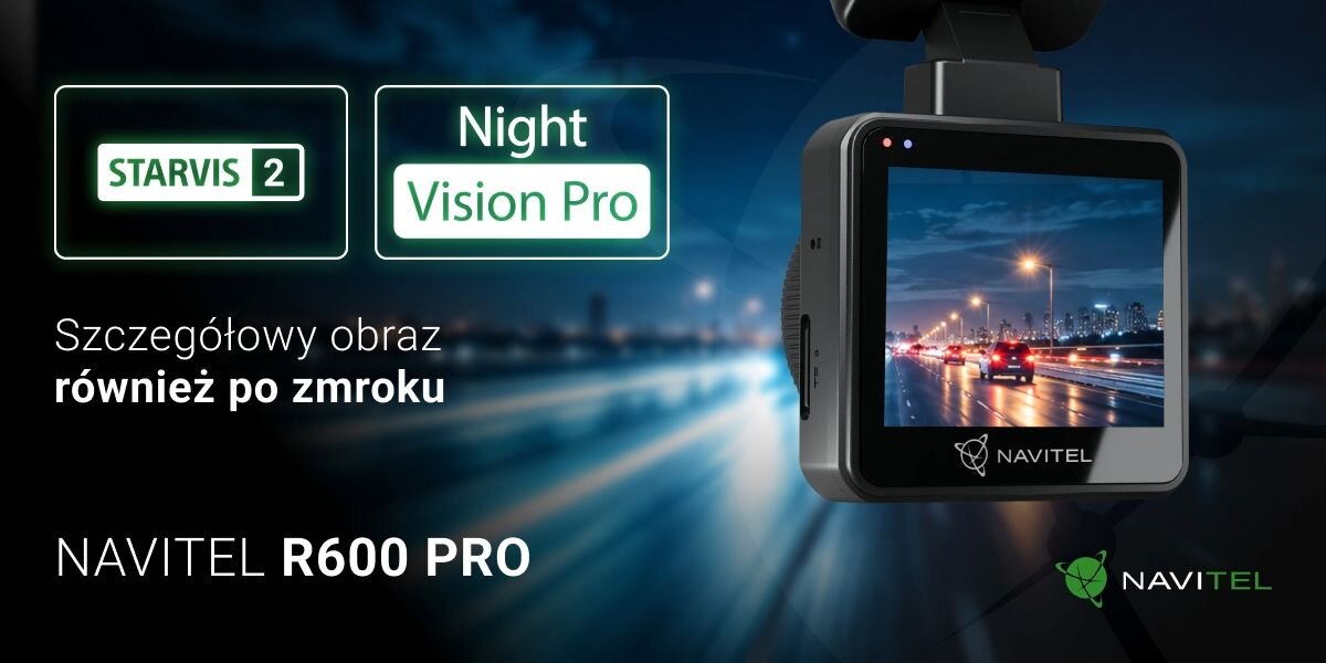 NAVITEL R600 PRO Sony STARVIS 2 Technologia HDR jasne i zacienione fragmenty kadru Night Vision Pro - Tylny ekran rejestratora trasy wyświetlający podgląd drogi z podświetlonymi ikonicznymi funkcjami nocnymi