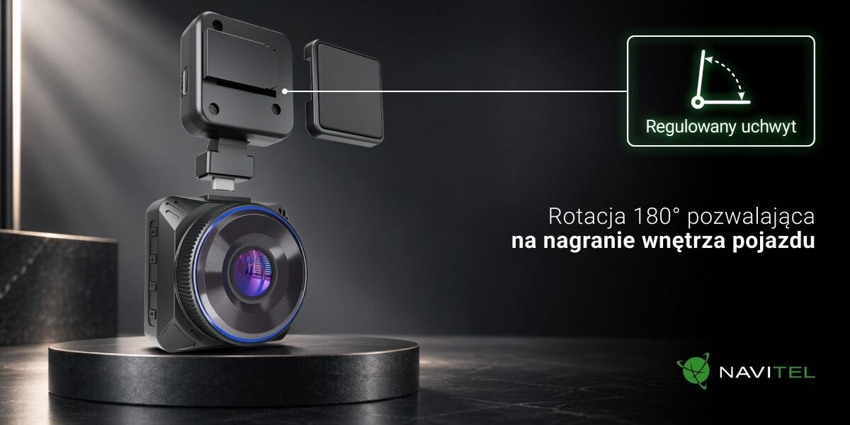 NAVITEL R600 PRO kącie widzenia 140° uchwyt obracany o 180° wnętrza samochodu taksówkarzom, kurierom oraz kierowcom -Rejestrator jazdy zamontowany na obrotowym uchwycie umożliwiającym zmianę kąta nagrywania wnętrza pojazdu. 
