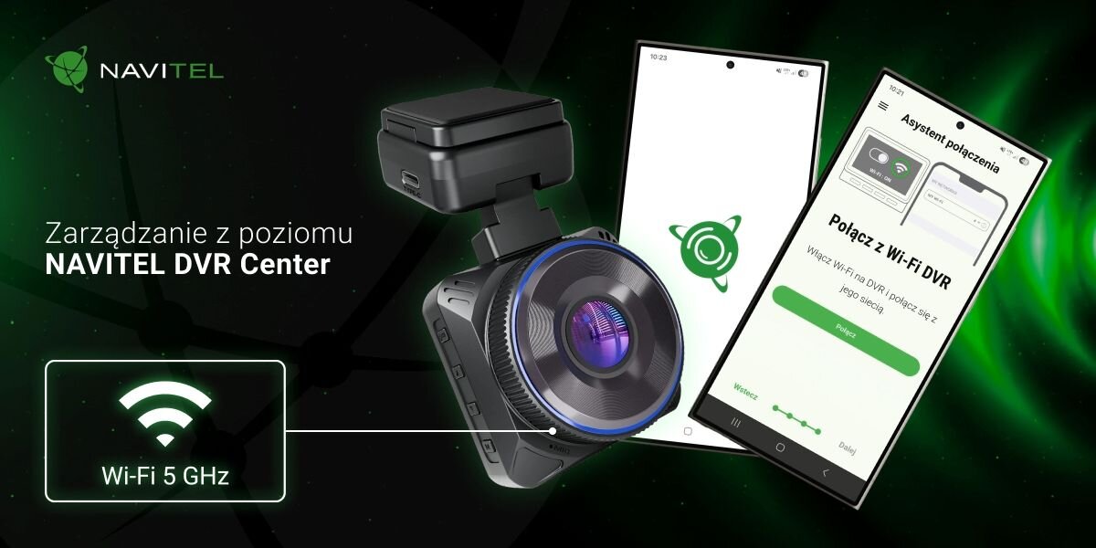 NAVITEL R600 PRO Wi-Fi 5 GHz NAVITEL DVR Center 5 GHz rozdzielczości 2.7K - Rejestrator samochodowy umieszczony obok smartfona z włączoną aplikacją do zarządzania urządzeniem przez Wi-Fi.