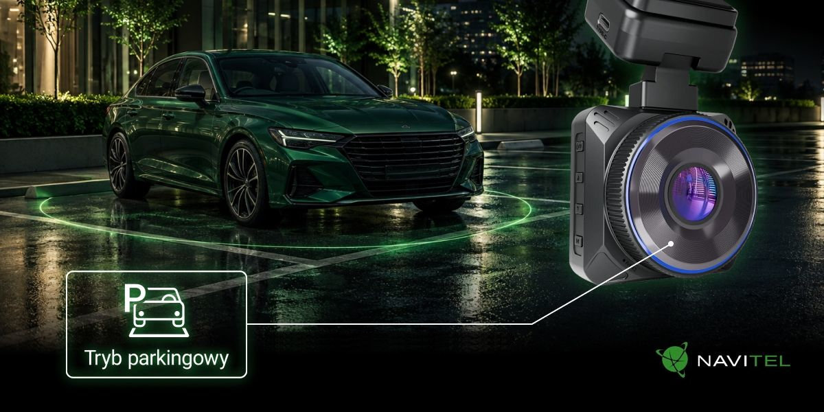 NAVITEL R600 PRO NAVITEL R600 PRO tryb parkingowy uderzeniem lub innym zdarzeniem wykrytym w czasie nieobecności kierowcy NAVITEL SMART BOX MAX - Rejestrator jazdy z widocznym symbolem trybu parkingowego zaprezentowany obok zaparkowanego auta nocą