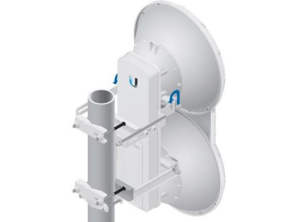 Punkt dostępu UBIQUITI airFiber AF5U Schemat montażu urządzenia na maszcie z niebieskimi strzałkami wskazującymi elementy regulacji kąta pochylenia