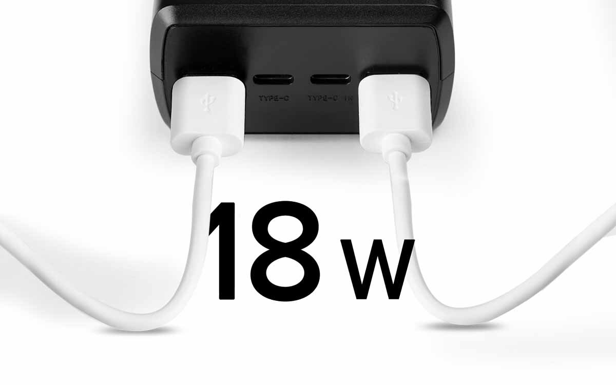 Obraz przedstawia dwa białe kable USB podłączone do czarnego urządzenia z dwoma portami typu C. Na obrazie widoczny jest tekst \'18 w\'.