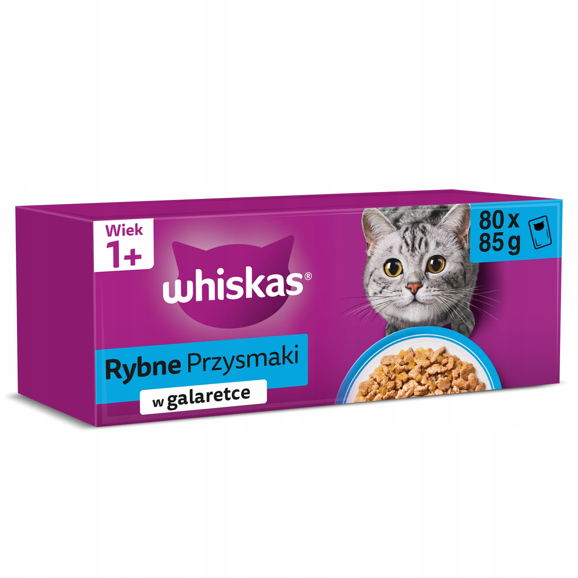 Opakowanie produktu Whiskas z napisem \'Rybne Przysmaki w galaretce\' oraz zdjęciem kota i miski z karmą. Widoczna informacja \'Wiek 1+\' oraz \'80 x 85 g\'.