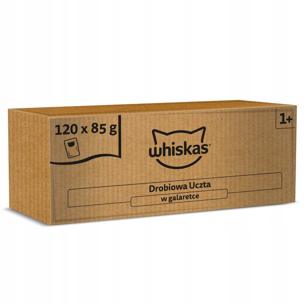Kartonowe opakowanie z logo Whiskas, zawierające 120 saszetek po 85 g każda, z napisem \'Drobiowa Uczta w galaretce\'.