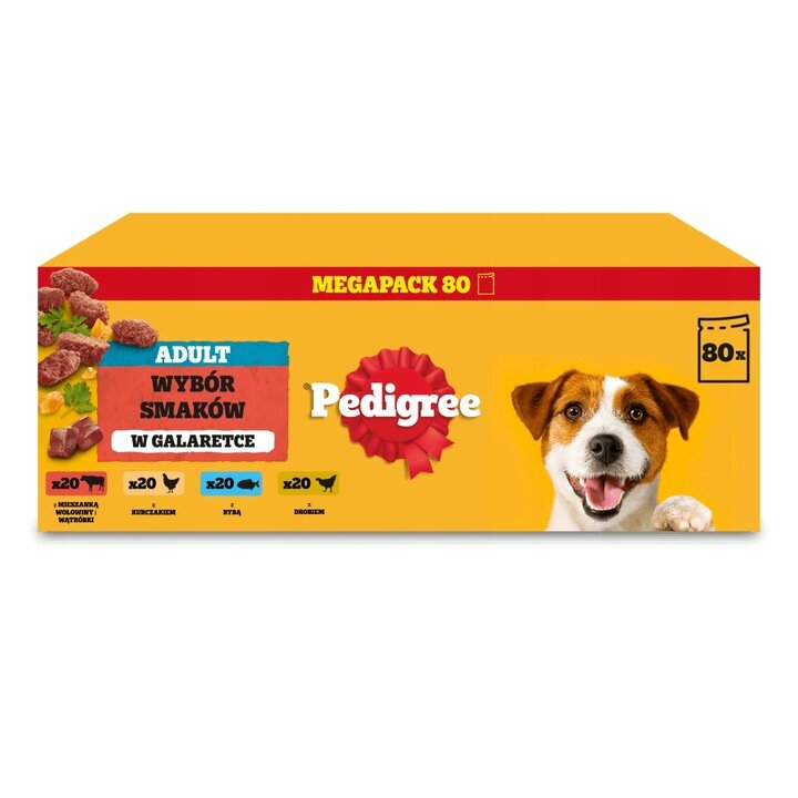 Opakowanie karmy dla psów marki Pedigree z napisem \'ADULT WYBÓR SMAKÓW W GALARETCE\' oraz informacją \'MEGAPACK 80\'. Widoczny jest wizerunek psa i symbole smaków: wołowina, kurczak, ryba, drób.