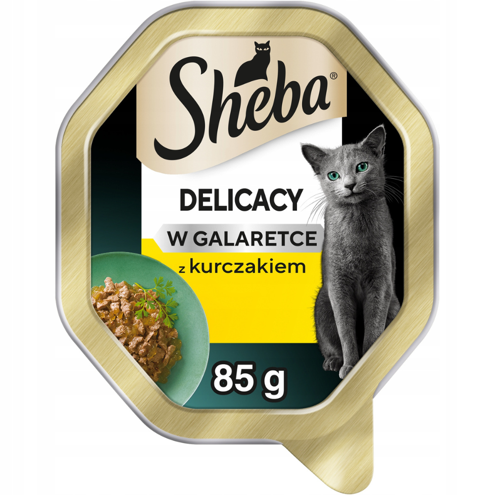 Opakowanie karmy dla kota marki Sheba o smaku kurczaka w galaretce, z wizerunkiem kota i miski z karmą. Na opakowaniu widnieje tekst: \'Sheba DELICACY W GALARETCE z kurczakiem 85 g\'.