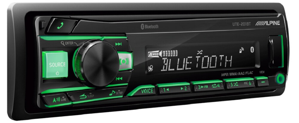 Radio samochodowe z wyświetlaczem pokazującym tekst \'BLUETOOTH\' oraz przyciskami podświetlonymi na zielono. Widoczne logo \'ALPINE\' i oznaczenie modelu \'UTE-201BT\'.