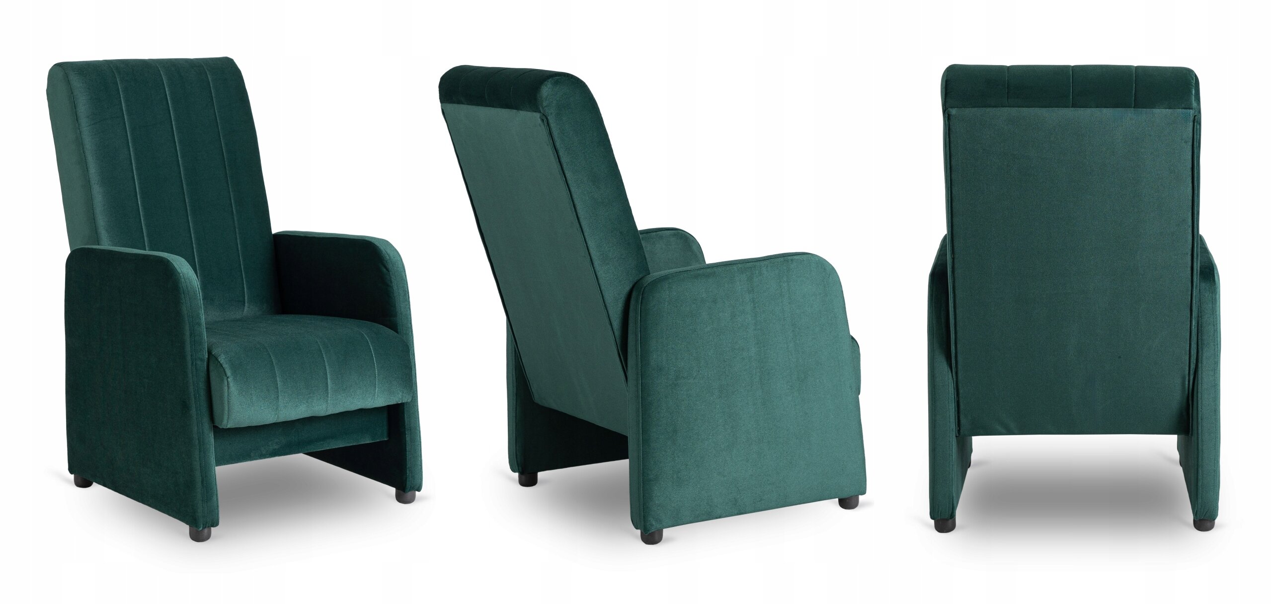 Trzy fotele w kolorze butelkowej zieleni, widoczne z różnych perspektyw: z przodu, z boku i z tyłu. Fotele mają prosty, nowoczesny design z pionowymi przeszyciami na oparciach.