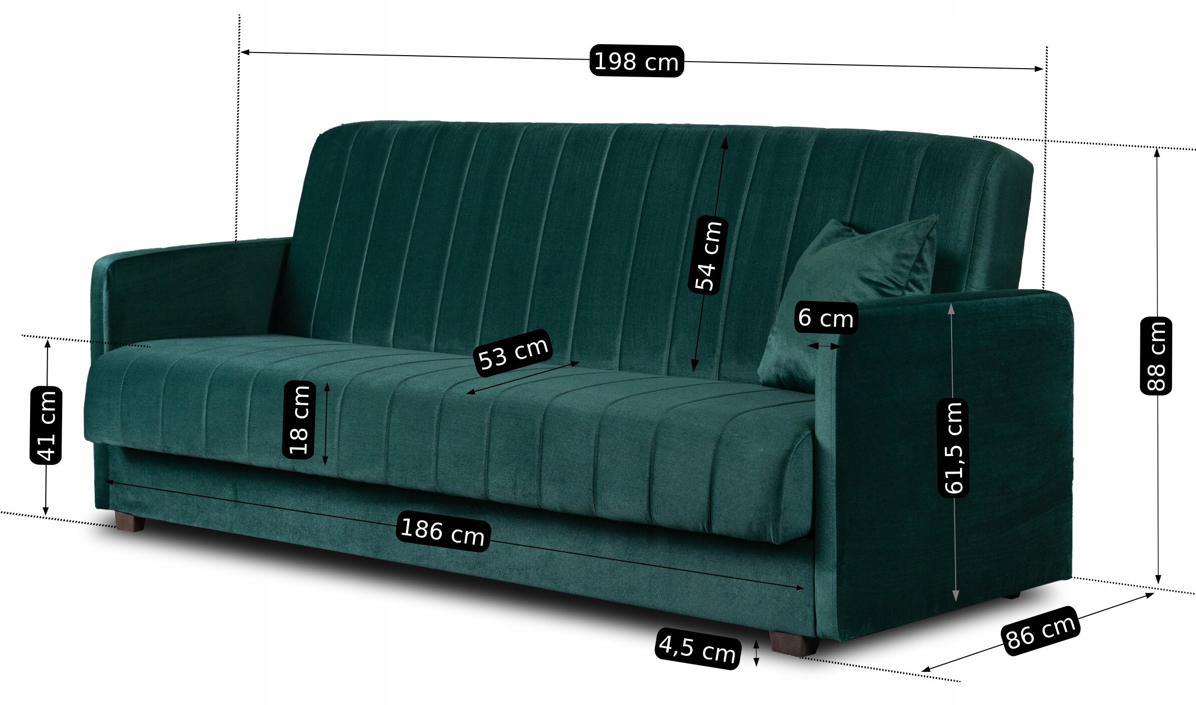 Zdjęcie przedstawia rozkładaną kanapę w kolorze butelkowej zieleni z poduszką, z wymiarami: 198 cm szerokości, 86 cm głębokości, 88 cm wysokości, siedzisko o głębokości 53 cm i wysokości 41 cm, oraz podłokietniki o wysokości 61,5 cm.