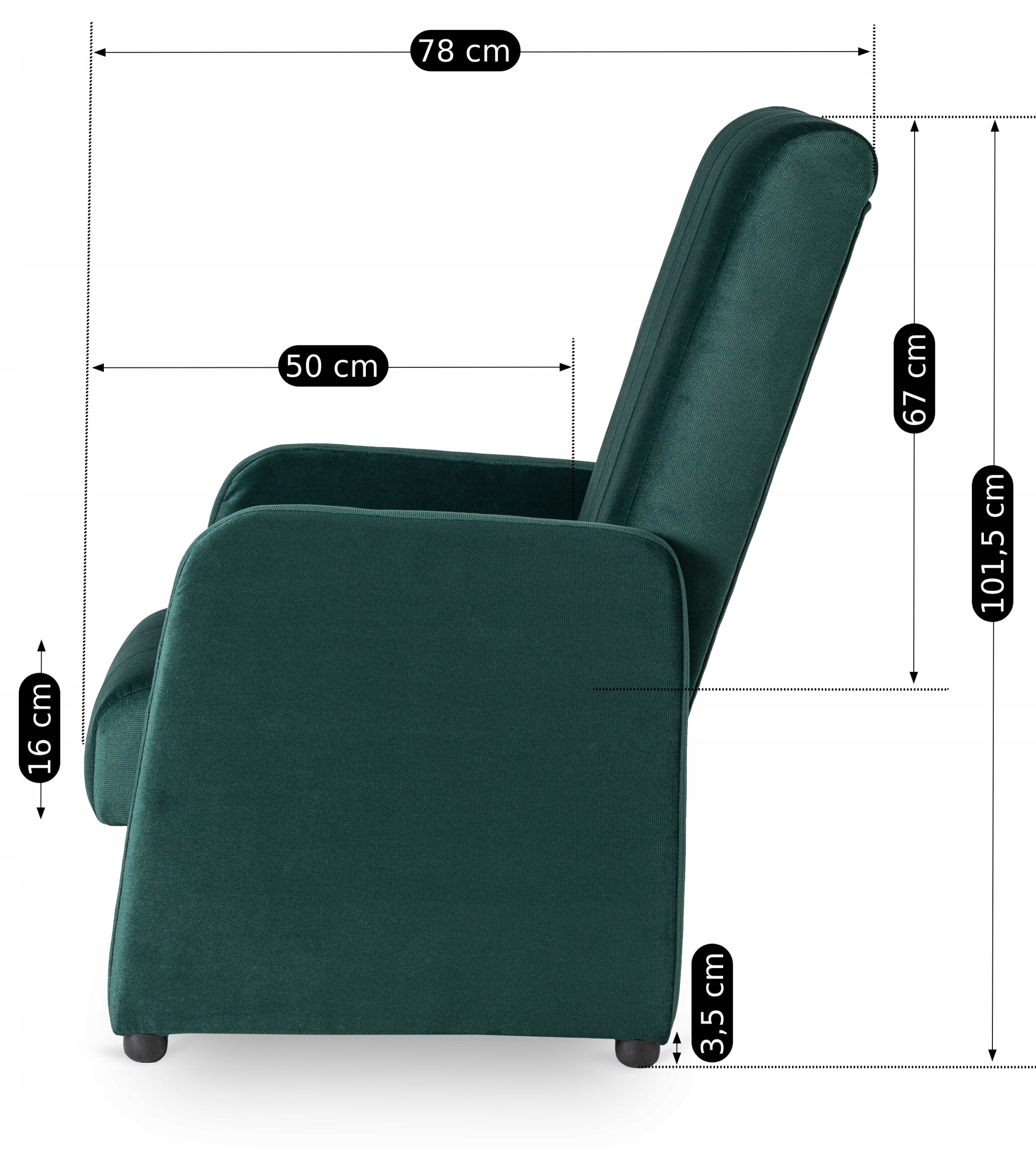 Zdjęcie przedstawia fotel w kolorze butelkowej zieleni z widocznymi wymiarami: 78 cm, 50 cm, 67 cm, 101,5 cm, 16 cm i 3,5 cm. Fotel ma prostą konstrukcję z podłokietnikami i jest ustawiony na małych nóżkach.