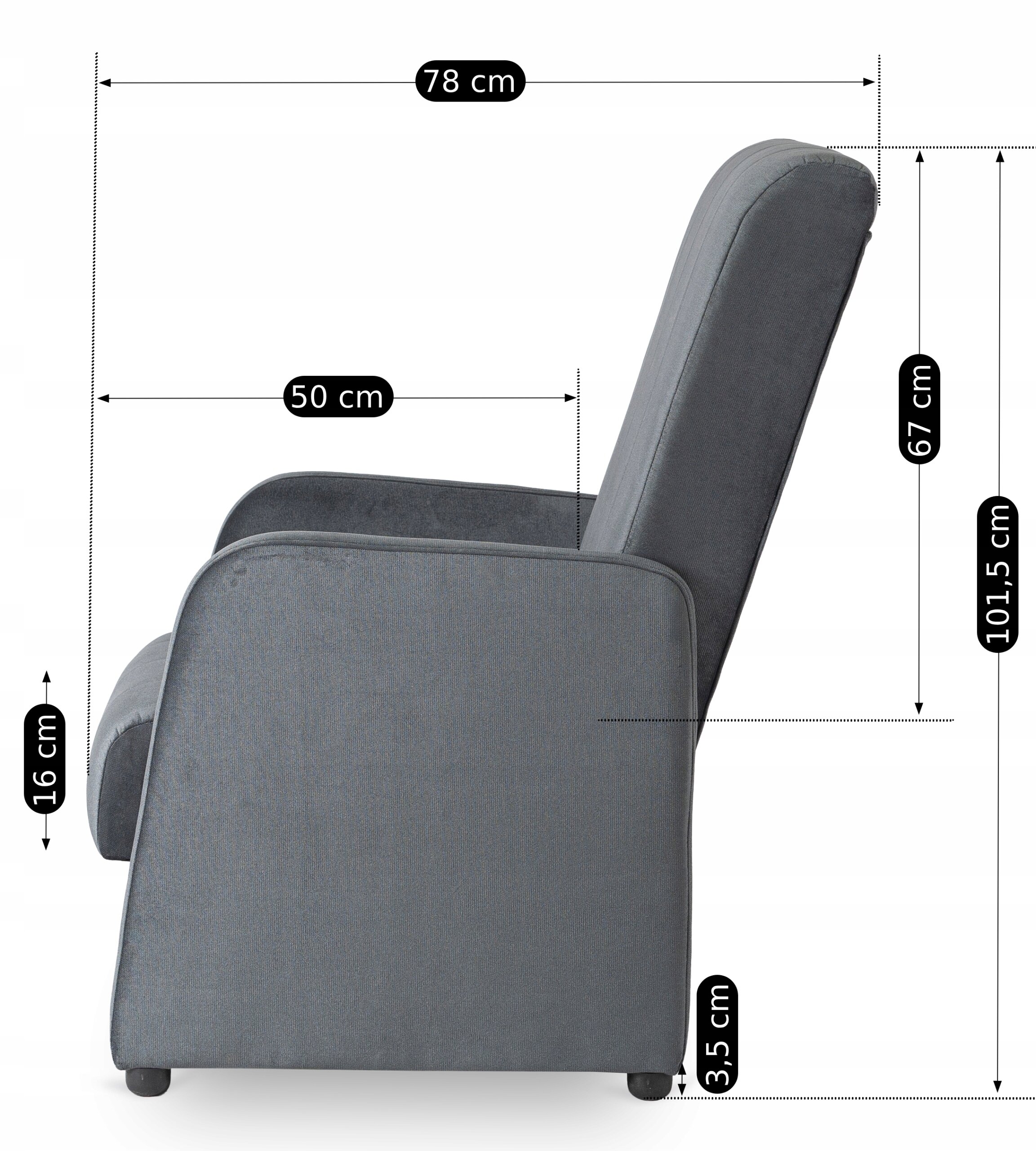 Zdjęcie przedstawia szary fotel z widocznymi wymiarami: 78 cm, 50 cm, 67 cm, 101,5 cm, 16 cm i 3,5 cm. Fotel ma prostą konstrukcję z podłokietnikami i oparciem.