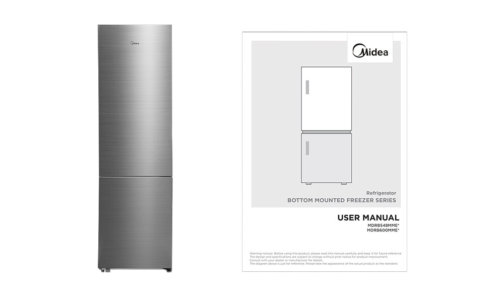 Na obrazie widoczna jest lodówka w kolorze stali nierdzewnej z logo Midea na górze. Obok znajduje się instrukcja obsługi z napisem \'Refrigerator BOTTOM MOUNTED FREEZER SERIES USER MANUAL MDRB560MGE46 MDRB600MME46\'.