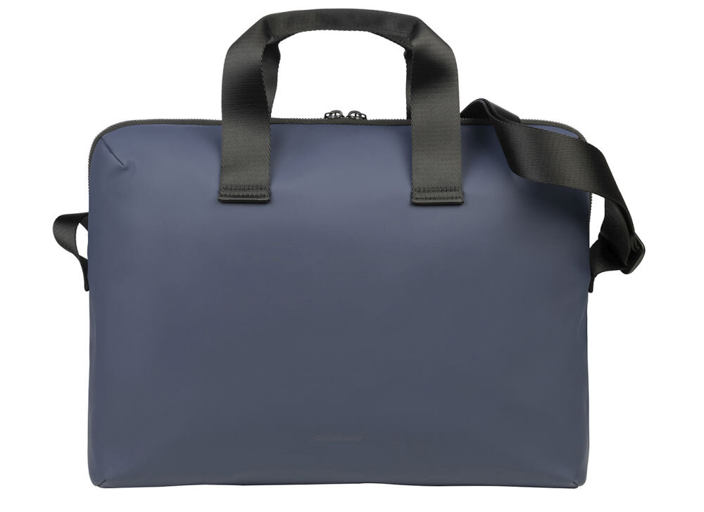 Niebieska torba na laptopa z czarnymi uchwytami i paskiem na ramię. Torba ma prosty, elegancki design i zamknięcie na zamek błyskawiczny.