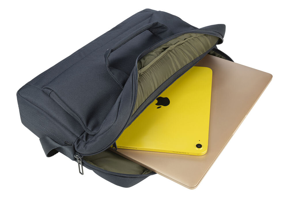 Niebieska torba na laptopa z otwartą komorą, w której znajdują się żółty tablet i złoty laptop. Wnętrze torby jest wyściełane materiałem w kolorze oliwkowym.