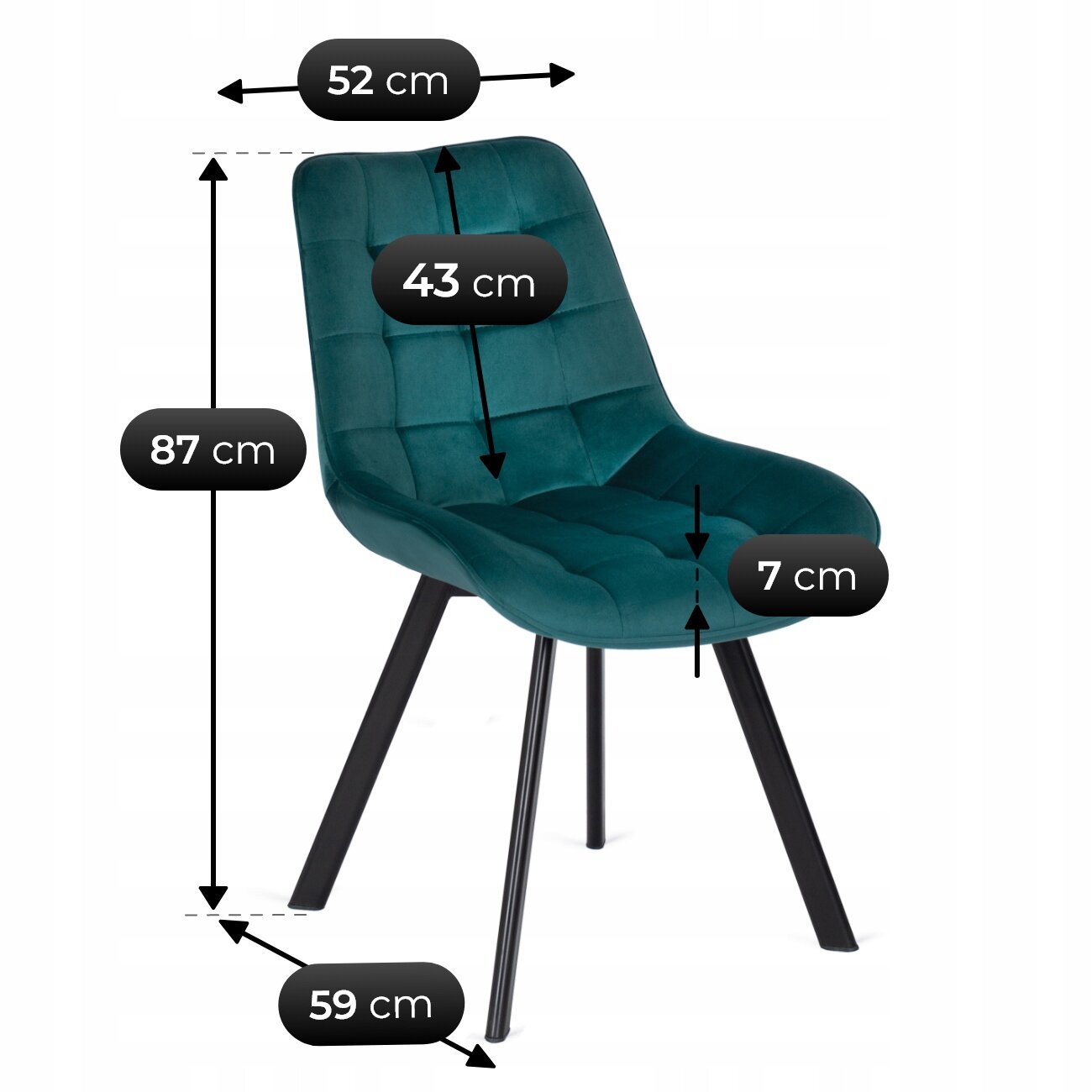 Krzesło tapicerowane w kolorze turkusowym z czarnymi nogami, z wymiarami: wysokość 87 cm, szerokość 52 cm, głębokość siedziska 43 cm, wysokość siedziska 7 cm, głębokość całkowita 59 cm.