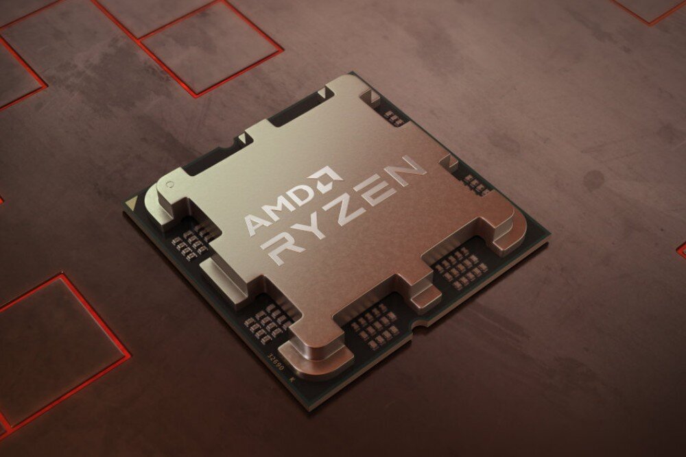 Procesor AMD Ryzen 7 7700X3D Metalowy procesor o specyficznym kształcie na ciemnym tle z jasnymi konturami. Na środku widoczny grawerunek 'AMD RYZEN'
