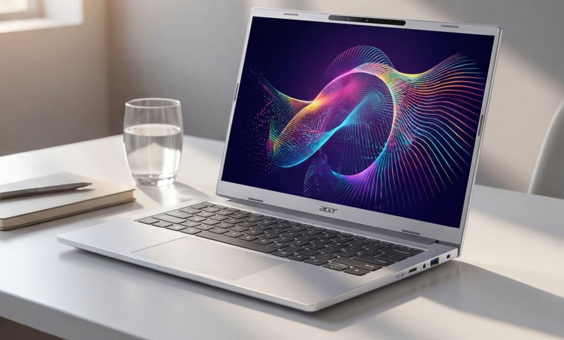 Na biurku stoi otwarty laptop z widocznym logo \'acer\' pod ekranem, na którym wyświetlany jest kolorowy, abstrakcyjny wzór. Obok laptopa znajduje się szklanka z wodą i zamknięty notes.