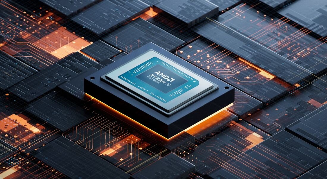 Obraz przedstawia procesor z widocznym napisem \'AMD Ryzen\' umieszczony na tle stylizowanej płyty głównej z pomarańczowymi ścieżkami przewodzącymi.