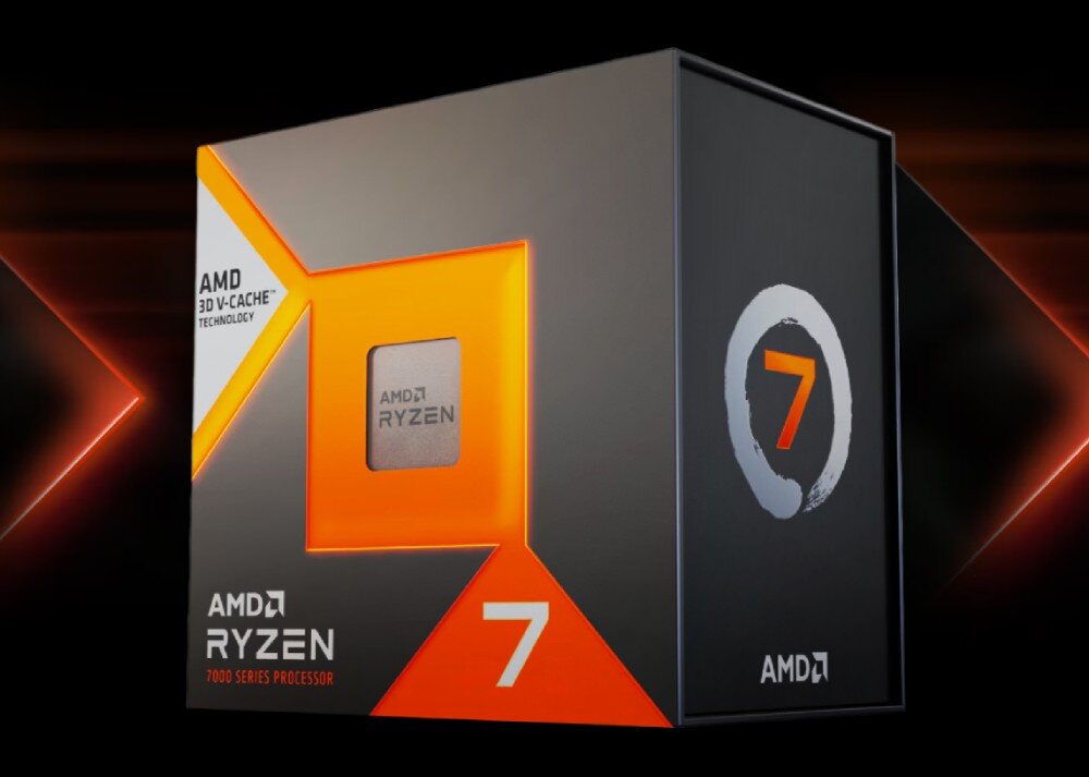 Procesor AMD Ryzen 7 7700X3D Pudełko procesora na ciemnym tle. Na boku cyfra '7' w okręgu. Na froncie logo serii '7000', mniejsza cyfra '7' oraz wcięcie ukazujące metalowy element