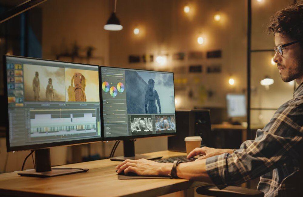 Procesor AMD Ryzen 7 7700X3D Mężczyzna w okularach i koszuli w kratę siedzi przy biurku z dwoma monitorami. Edytuje wideo z postacią w kombinezonie w ciemnym pomieszczeniu