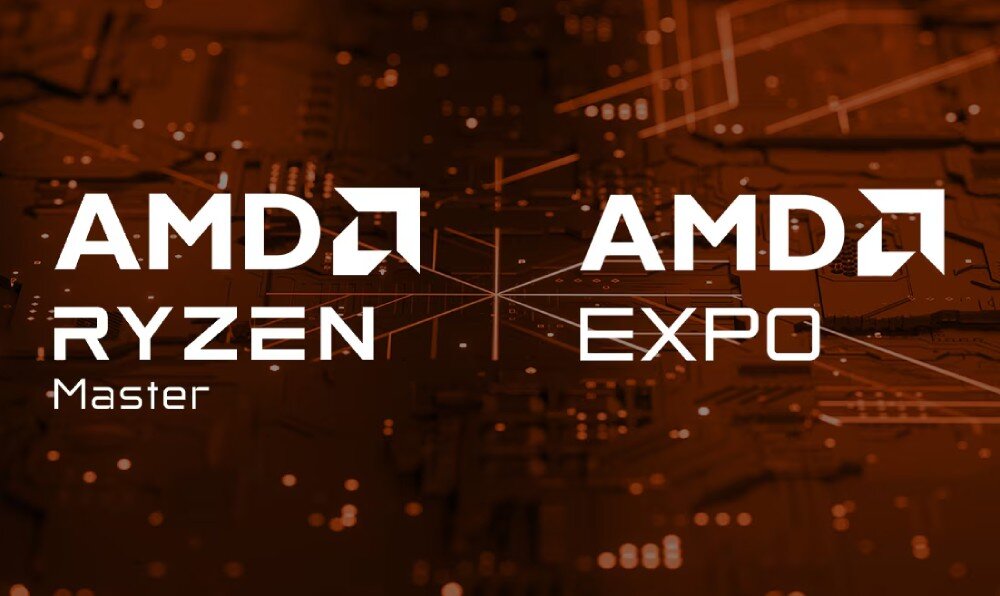 Procesor AMD Ryzen 7 7700X3D Napisy 'AMD RYZEN Master' po lewej i 'AMD EXPO' po prawej stronie na ciemnym, teksturowanym tle przypominającym układ scalony
