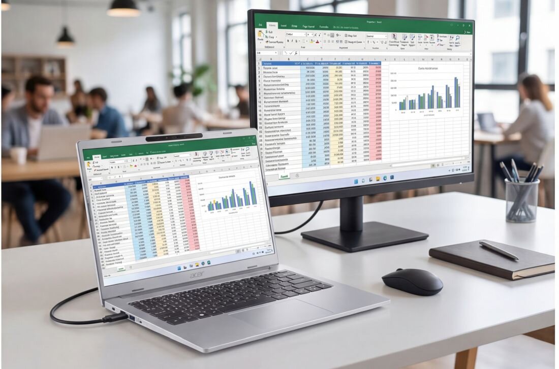 Na biurku znajduje się laptop i monitor, oba wyświetlają arkusz kalkulacyjny z kolorowymi tabelami i wykresami. W tle widać rozmyte postacie ludzi pracujących w biurze.
