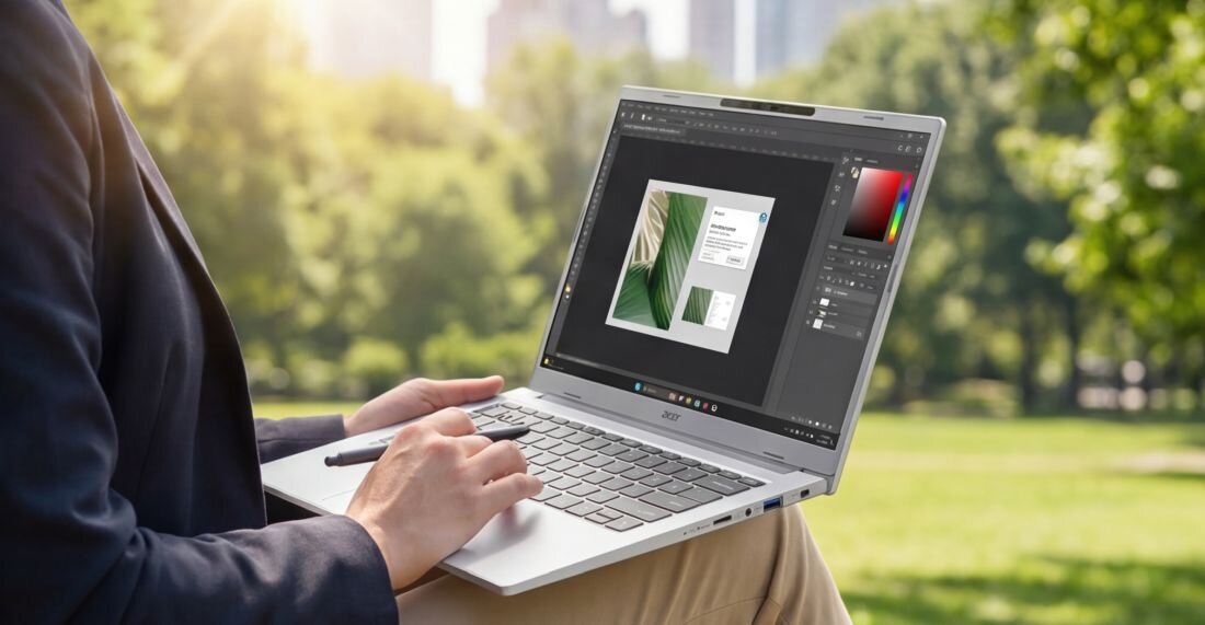 Osoba trzyma laptopa na kolanach, na ekranie widoczny jest program graficzny z otwartym projektem. W tle znajduje się zielony park z drzewami.