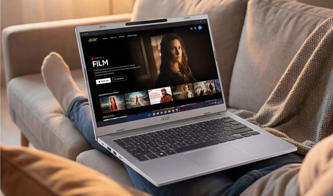 Osoba trzyma na kolanach laptopa marki Acer, na ekranie widoczny jest interfejs platformy streamingowej z filmem. Klawiatura laptopa jest podświetlona, a obudowa ma srebrny kolor.